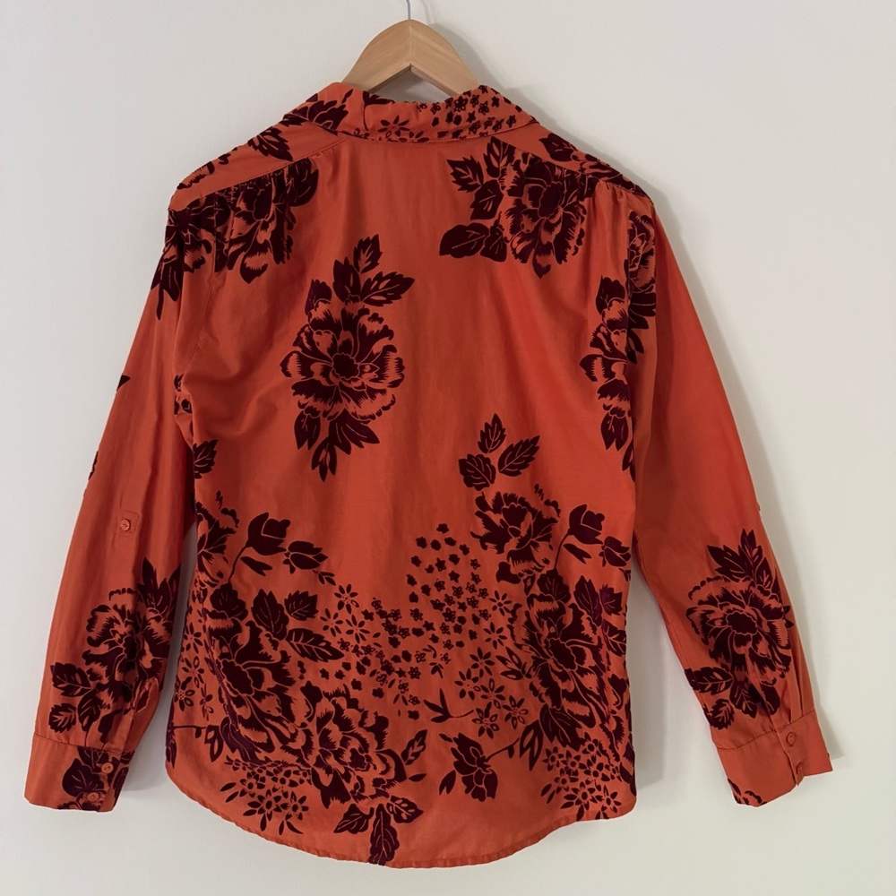 Sundance Velvet Vignette Long Sleeve Button Shirt, Orange w/Burgundy Floral, S - Picture 4 of 13